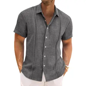 PASLTER Mens Cuban Guayabera Shirts Short Sleeve Linen Casual Shirt Button Down Beach Summer Mexican Shirts