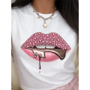 Ladies' Short Sleeve Tee - White Shirt Featuring Lip And Chocolate Print, Casual Round Neck, Stretchy Soft Material, Machine Washable, Year-Round Fashion Top, Stylish Wear, Eye-Catching Graphic Tee, Comfortable Fit, Ideal Gift for Celebrations
