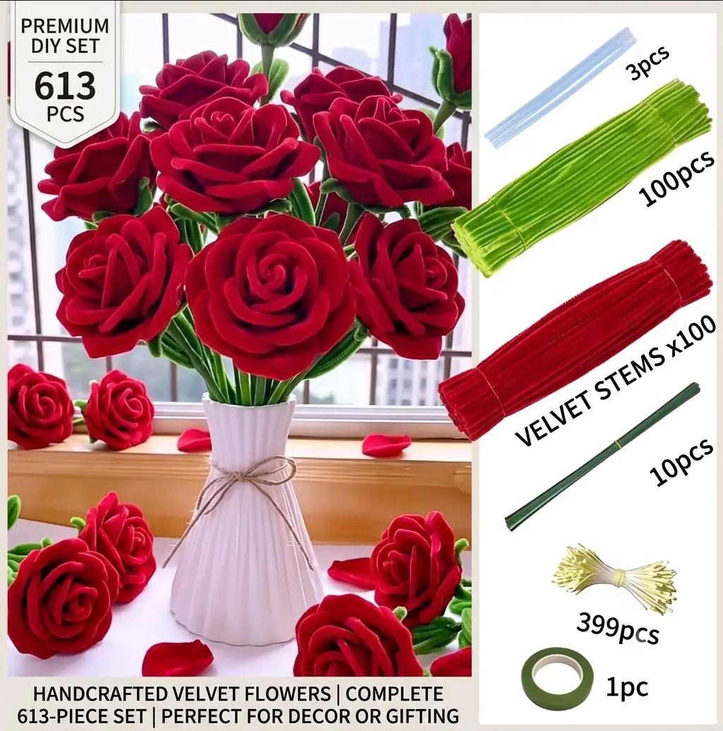 613-Piece Thick Pipe Cleaner Flower Craft Kit - Chenille Stems, Flower Stems, Floral Tape, Stamen, Rubber Strip for DIY Craft Embellishments, Gifting, Fabric Decorations