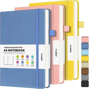 【OMEYA】 3 Pack A5 Dotted/Graph Journal Notebook Hardcover Leather Dot Grid 156 Numbered Pages 120GSM Thick Paper Office School Supplies Gfits for Women Men Work Writing Bible Study 5.75" × 8.38" (Blue, Black, Green, Brown, Grey,  Pink, Ivory, Yellow)
