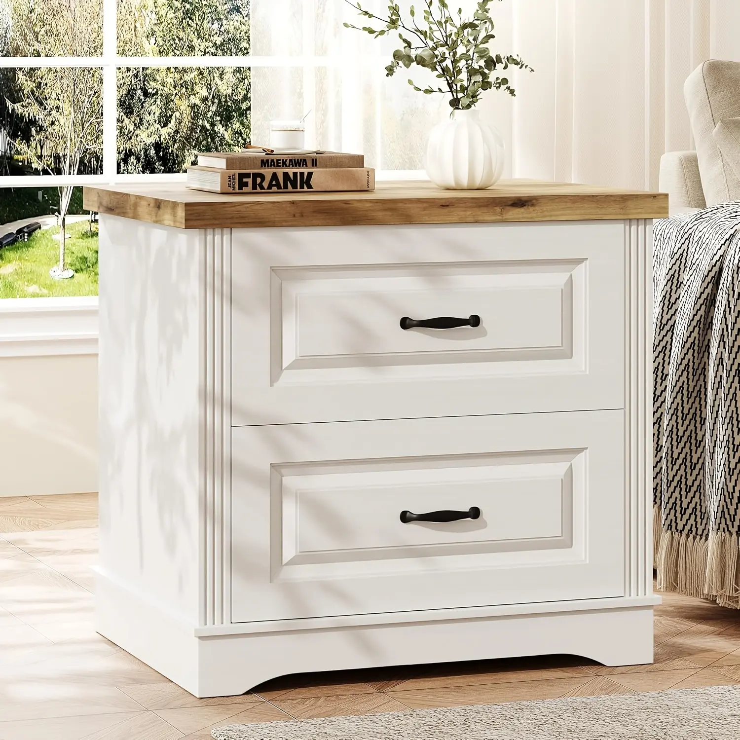 [SummerWins] HOMBCK 24" Wide Farmhouse End Table, Large Nightstand With 2 Drawers, Side Table Chest Of Drawers Cabinet, Night Stand For Bedroom, Living Room, White/Black summer garden,fathers day gift ideas#home essentials#back to school