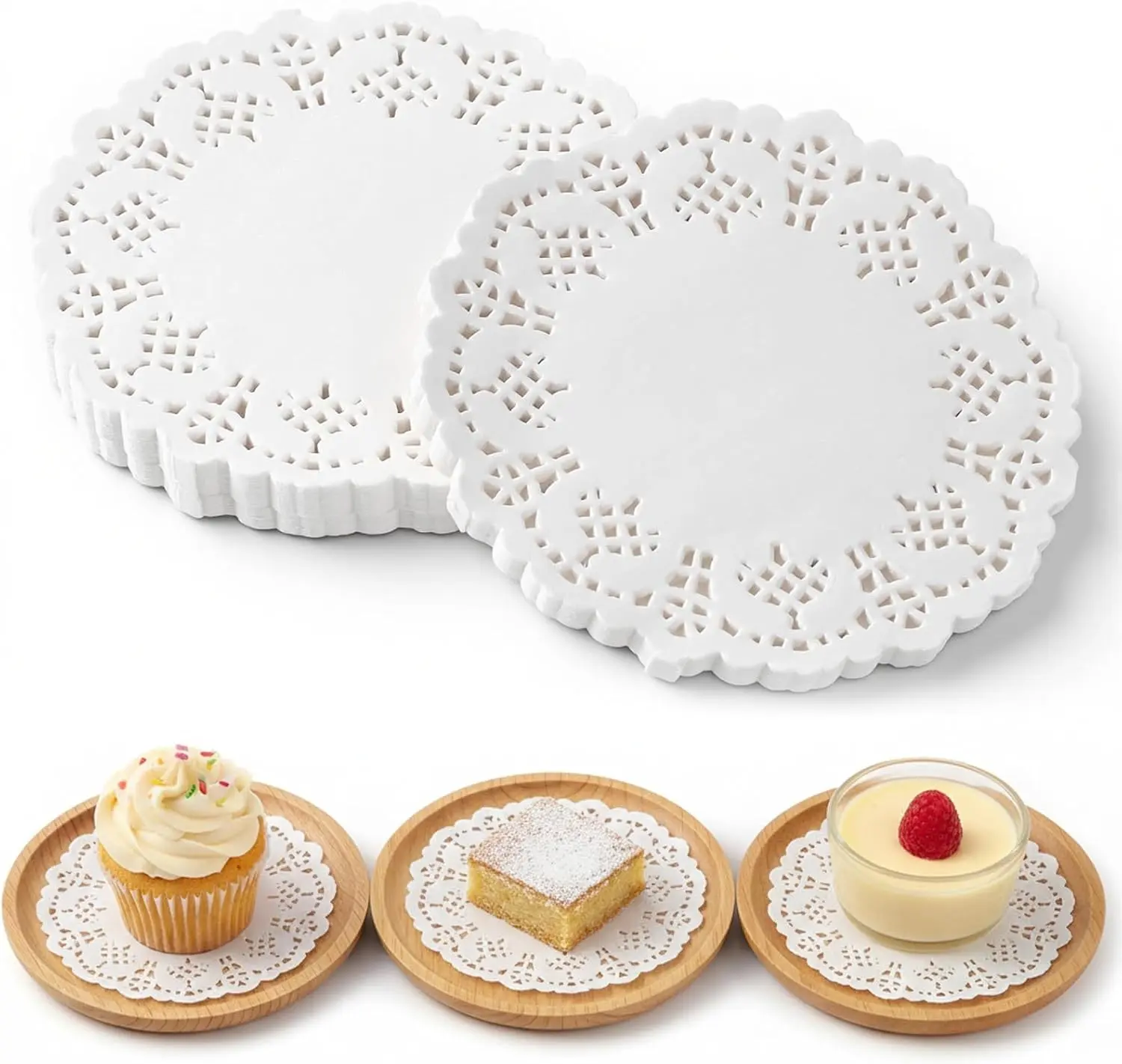 300 PCS 3.5 Inch Round Lace Paper Doilies Disposable White Paper Placemats for Dessert Trays Wedding Birthday Tableware Food Cakes Desserts Decorations
