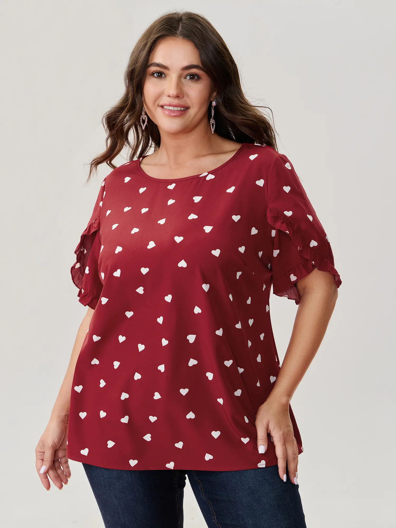 Women's Plus Size Heart Print Smooth Fabric Blouse - Ruffled Petal Shortsleeve, Retro Fit Polyester Spandex Garment, Summer Womenswear Top, Heart-Shaped Prints