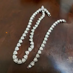 2Pieces/Set 10mm Love Heart Shape Chain Necklace and Bracelet Men or Women Hip Hop Iced Out Bling Bling Chain Necklace and Bracelet Fashion Set Jewelry Valentines Gift Jewelry Sets