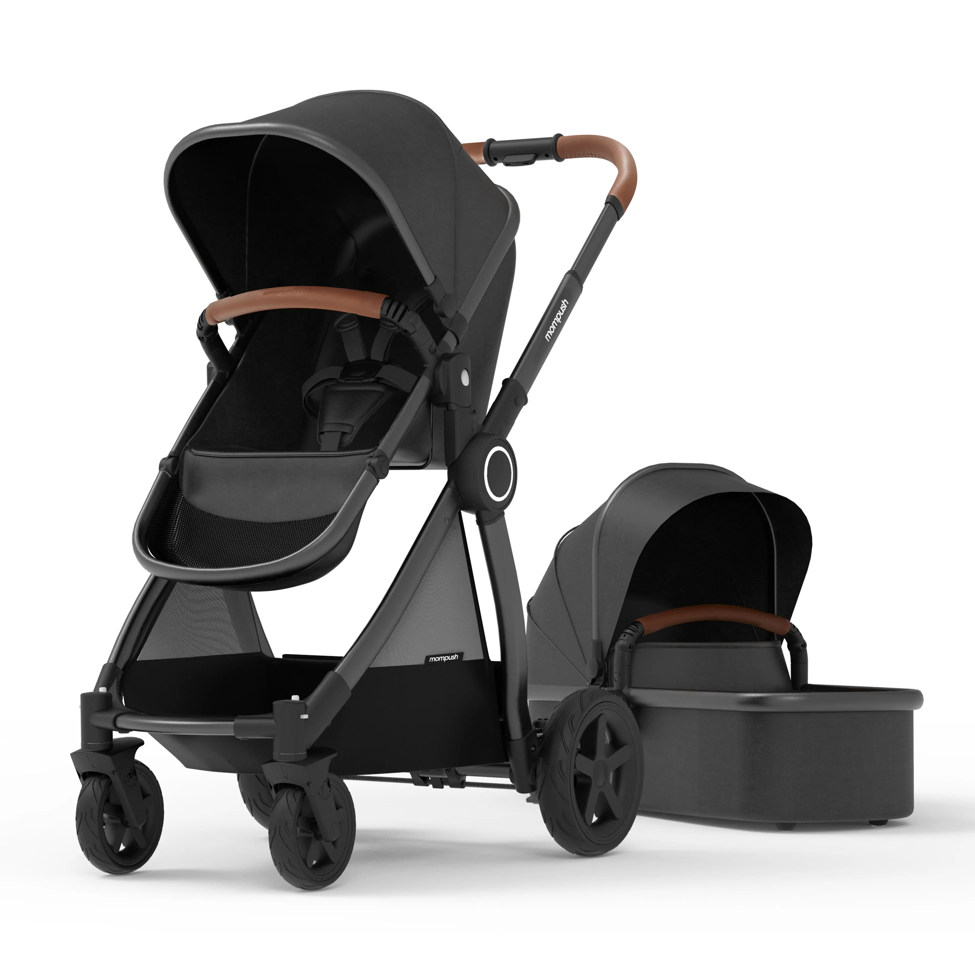Mompush Ultimate2 Full-Size Stroller with Bassinet, Newborn to Toddler | Reversible seat, all-terrain suspension, one-second compact fold, large basket, car seat adapter included