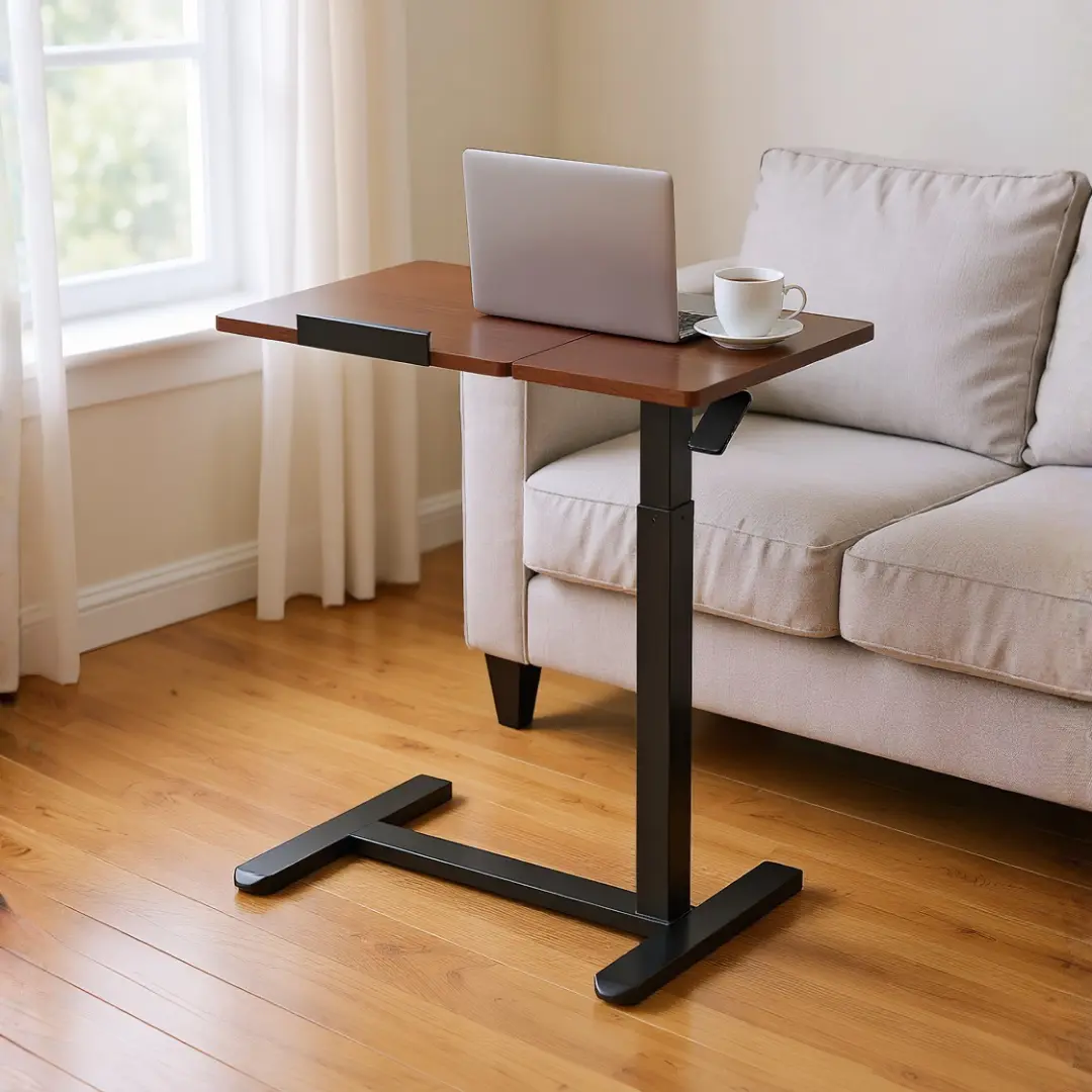 Brown Rectangular Pneumatic Overbed Table - Steel Frame, Space Saving, Portable Side Table, Modern Bedside Stand, Standing Desk with Wheels, Height Adjustable, Tilting Split Top for Home Hospital Use, Steel Frame Table Space Saving Table Folding Side Tabl