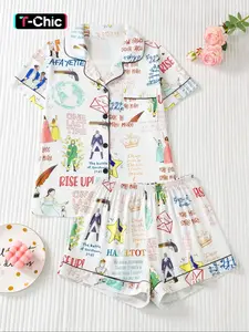 Women's Patchwork Print Pajama Set, Casual Fitted Summer Sleepwear, Comfortable Elastic Shorts & Button-Down Top, Elegant Ladies' Nightwear Loungewear