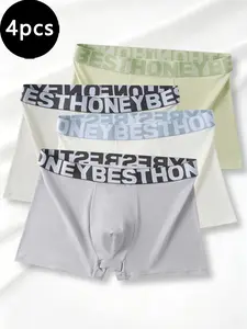 Men's Solid Color Underwear Fashion Letter Waistband Briefs (4 Pack), Comfortable Breathable Sports Training Boxers for Daily Work