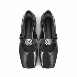 CYNLLIO  Women’s Mary Janes Shoes Square Toe Rhinestone Buckle Strap Design Low Block Heel Ballet Flats Shoes
