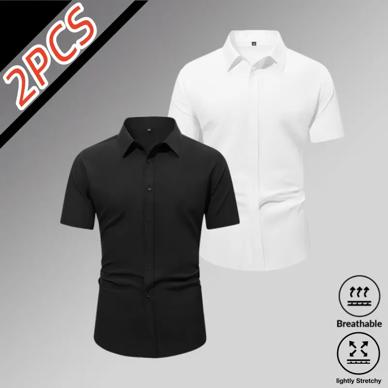 Men's 2-Pack Ice Silk High-Stretch Short-Sleeve Shirts - Breathable, Skin-Friendly Smooth Fabric, Turn-Down Collar Single-Button, Slim Fit, Wrinkle-Free, Stylish Chic Fashion Wardrobe Staples for Business, Casual Wear
