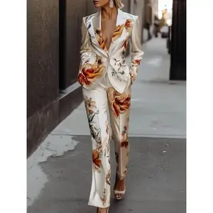 Chic Romantic Satin Floral Print Lapel Suit with Straight Pants Set Elegant Fabric