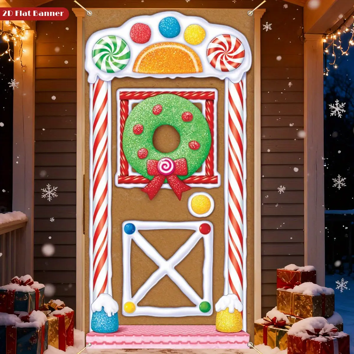 2D Flat, 1pc Gingerbread Door Classic Holiday Door Cover Design, Red and Green Wreath with Colorful Lights & Bells Decorations, Christmas Trees Bear Watches for a Cozy Festive Atmosphere