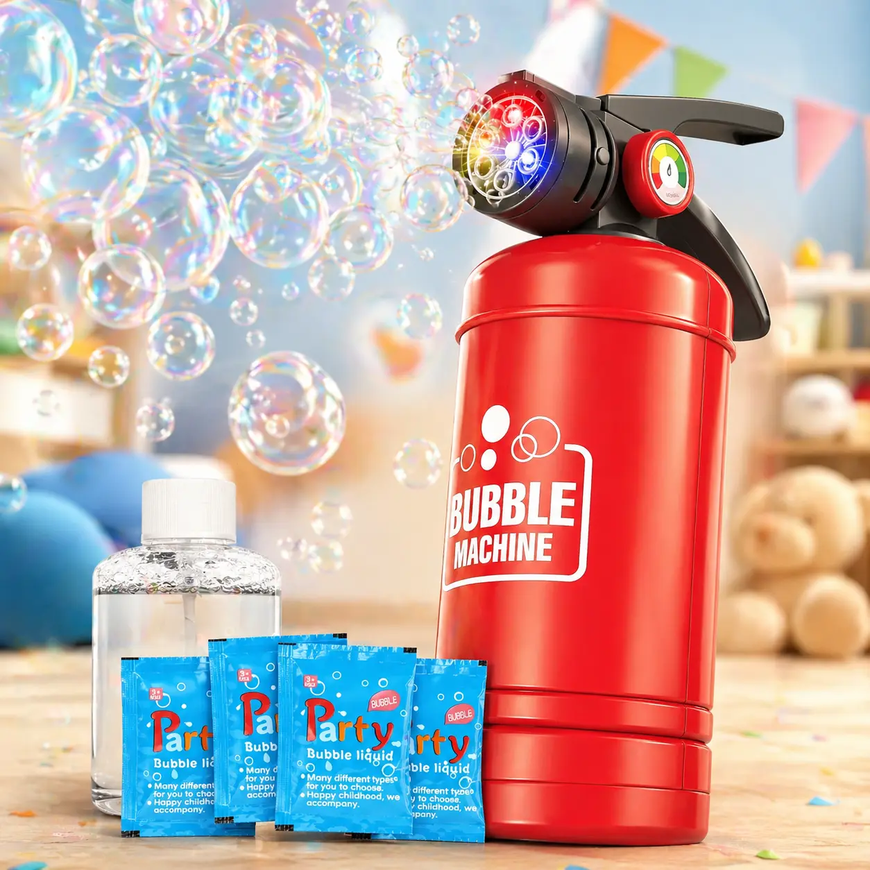 Fire Extinguisher Bubble Machine for Kids, LED Automatic Bubble Blower Toy with Bubble Solution and Refill Packets Fire Extinguisher Bubble Machine for Kids, LED Automatic Bubble Blower Toy with Bubble Solution and Refill Packets