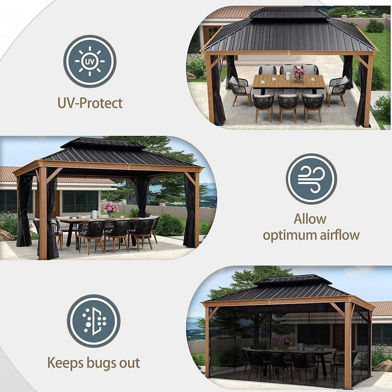 PURPLE LEAF 12' x 18' Hardtop Gazebo For Patio | Galvanized Steel Wood Grain Frame With Netting