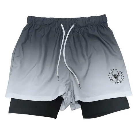 Men's 2 in 1 Ombre Gradient Print Drawstring Waist Shorts, Drawstring Athletic Shorts, Sports Drawstring Shorts, Casual Plain Letter & Bull Head Print Straight Leg Shorts for Daily Outdoor Wear, Men's Bottoms for All Seasons