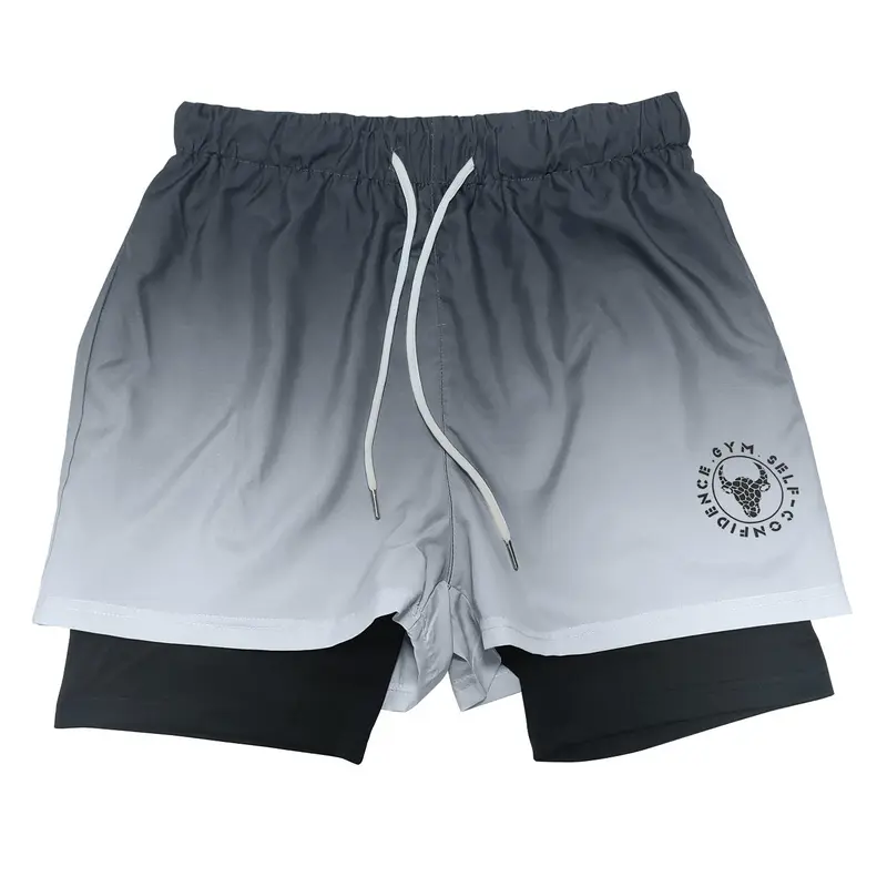 Men's 2 in 1 Ombre Gradient Print Drawstring Waist Shorts, Drawstring Athletic Shorts, Sports Drawstring Shorts, Casual Plain Letter & Bull Head Print Straight Leg Shorts for Daily Outdoor Wear, Men's Bottoms for All Seasons