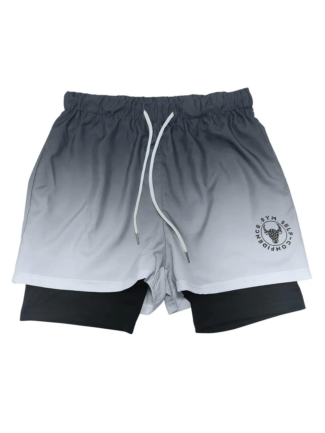 Men's 2 in 1 Ombre Print Drawstring Waist Shorts, Regular Fit Casual Soft Comfy Letter & Bull Head Print Straight Leg Shorts for Daily Outdoor Wear, M