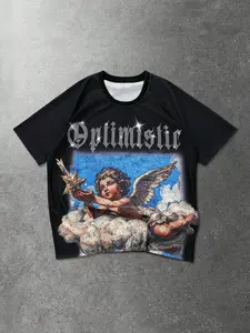 Retro 90s Aesthetic Cropped Top, Angel Cherub Print Short Sleeve T-Shirt, Black "Optimistic" Rhinestone Streetwear Tee, Breathable Summer Casual T-Shirt for Punk/Gothic Outfits