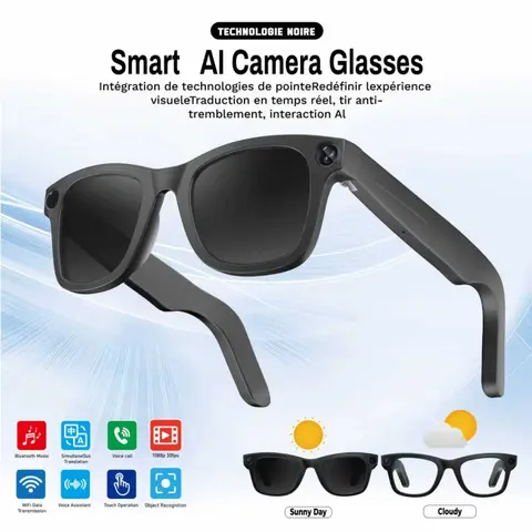 Evomi Touch-Control Smart Glasses Device - HD Touch Function, Bluetooth Voice Call, Surround Sound Speakers, Lightweight Modern Minimalist Design, 2 Versatile Lenses, Day-Night Switch, iPhone Compatible, Black (Father's Day Gift for Hiking)
