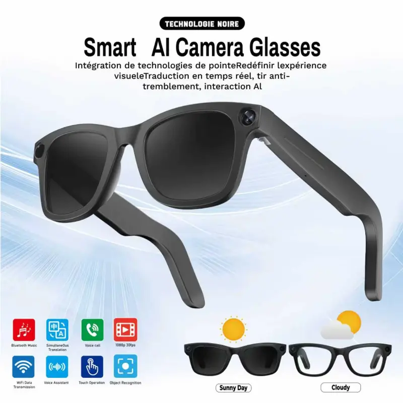 Evomi Touch-Control Smart Glasses Device - HD Touch Function, Bluetooth Voice Call, Surround Sound Speakers, Lightweight Modern Minimalist Design, 2 Versatile Lenses, Day-Night Switch, iPhone Compatible, Black (Father's Day Gift for Hiking)