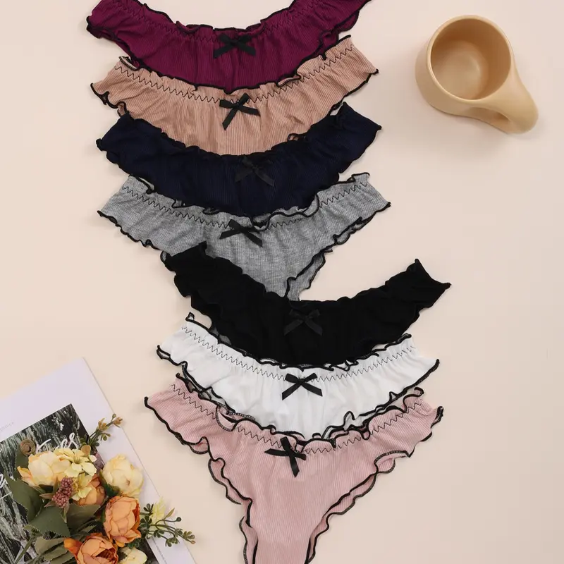 Women's Fashionable Wave Edge Cut-Out Thong Panties Pack, Comfortable Underwear Set, Stylish Daily Wear Design, 7 Pieces, Intimates Panties
