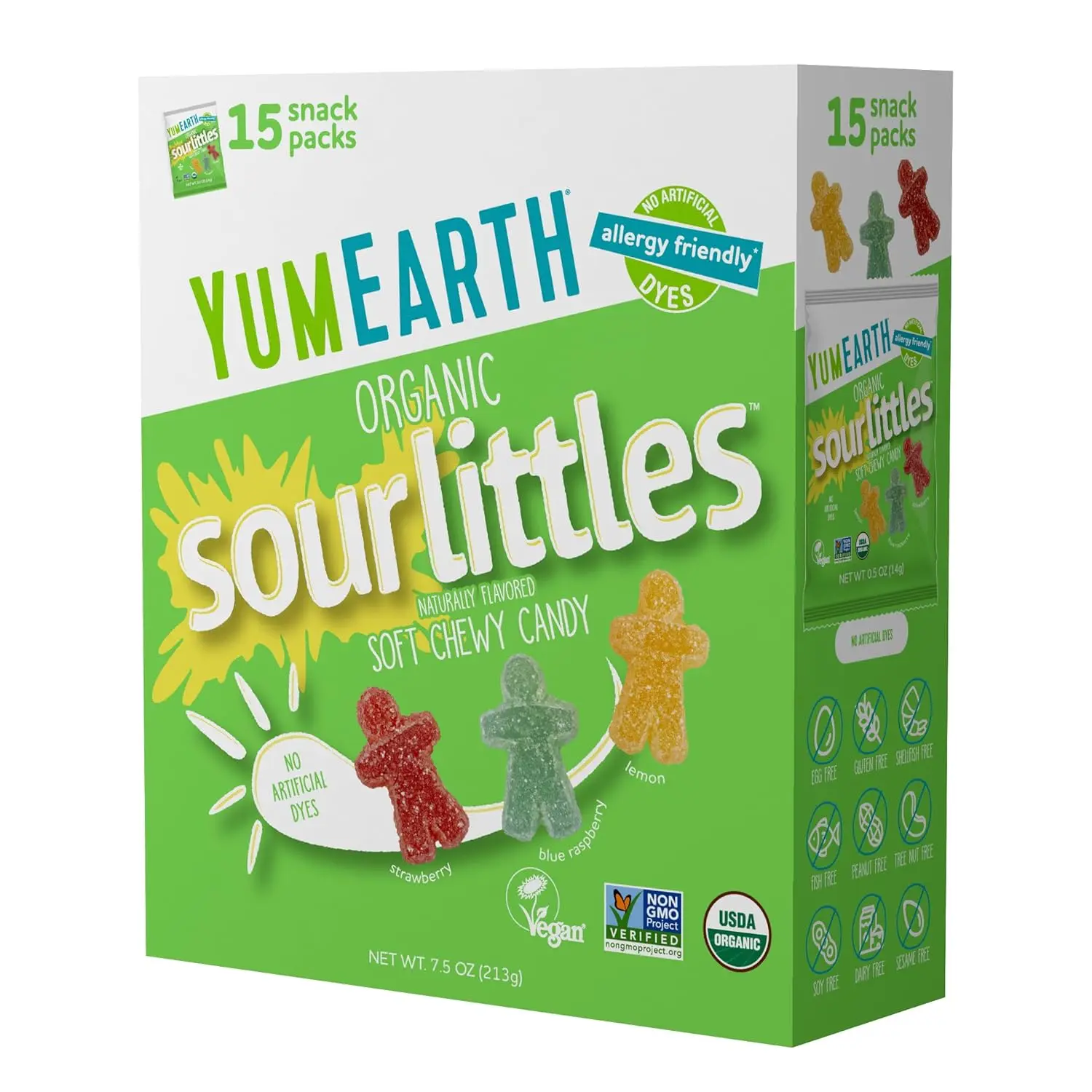 YumEarth Organic Sweet-Sour Littles Chewy Candy - 15-Count Box, Allergy-Friendly (Top 9 Free), No Artificial Dyes, Non-GMO, Gluten-Free, Vegan Snack, School & Easter Use, Includes Bag
