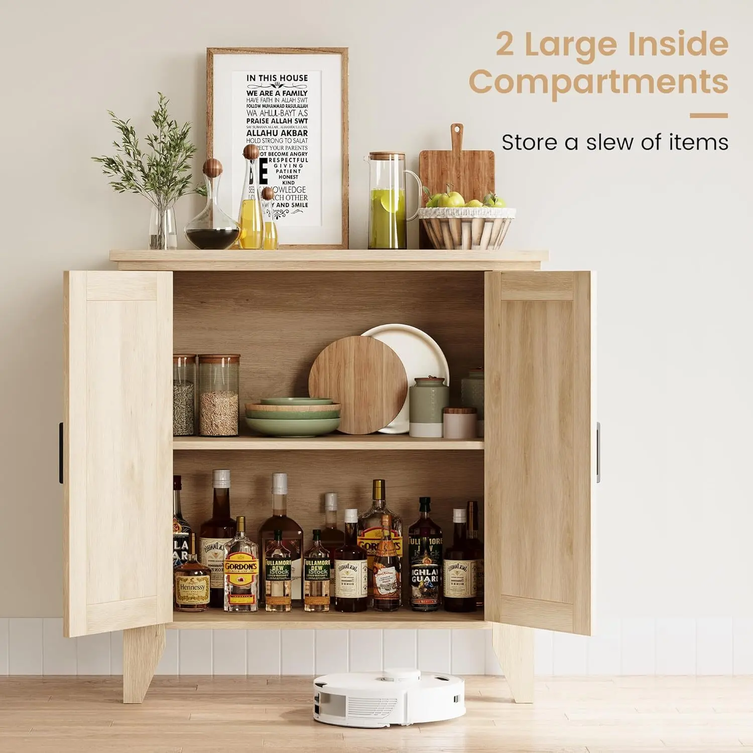 【Christmas Gift】CABIHOME Small Storage Cabinet Rattan Accent Cabinets Boho Sideboard Buffet Cabinets with 2 Doors Wood Credenza Console Cabinet for Entryway Living Room Kitchen- Natural Oak