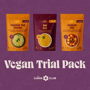 Cumin Club Vegan Indian Meals Bundle – Dal Fry, Sambar Idly, Malabar Veg Kurma 3-Pack / 6pk with Cumin Rice (2 serving per pack)