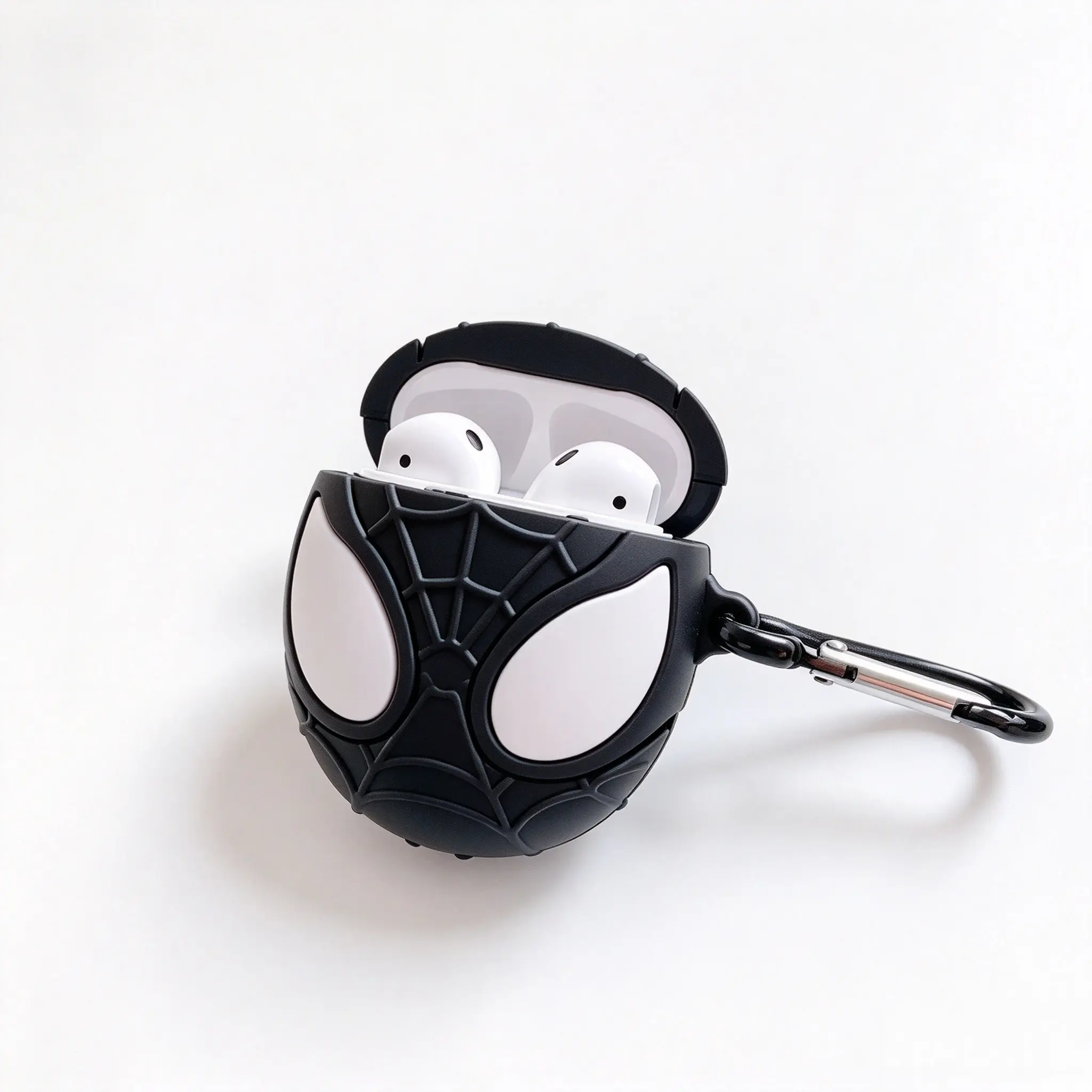 Marvel 3D Black Spider-Man Silicone AirPods Case with Carabiner, Shockproof Protective Cover for AirPods 1/2/3/Pro, Wireless Earbuds Protection Accessory