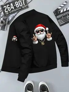 Festive Cartoon Santa Print Stand Collar Jacket, Loose Fit Casual Top, Long Sleeve Slim-Fit, All-Season