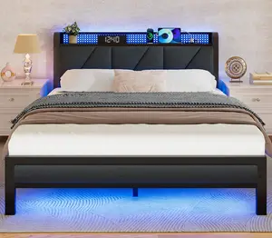 B-BED-FULL Size Bed Frame with LED Light and Charging Station, Grey Upholstered Storage Headboard with Shelf, Metal Platform Bed with Heavy Duty Slats, No Box Spring Needed, Noise Free