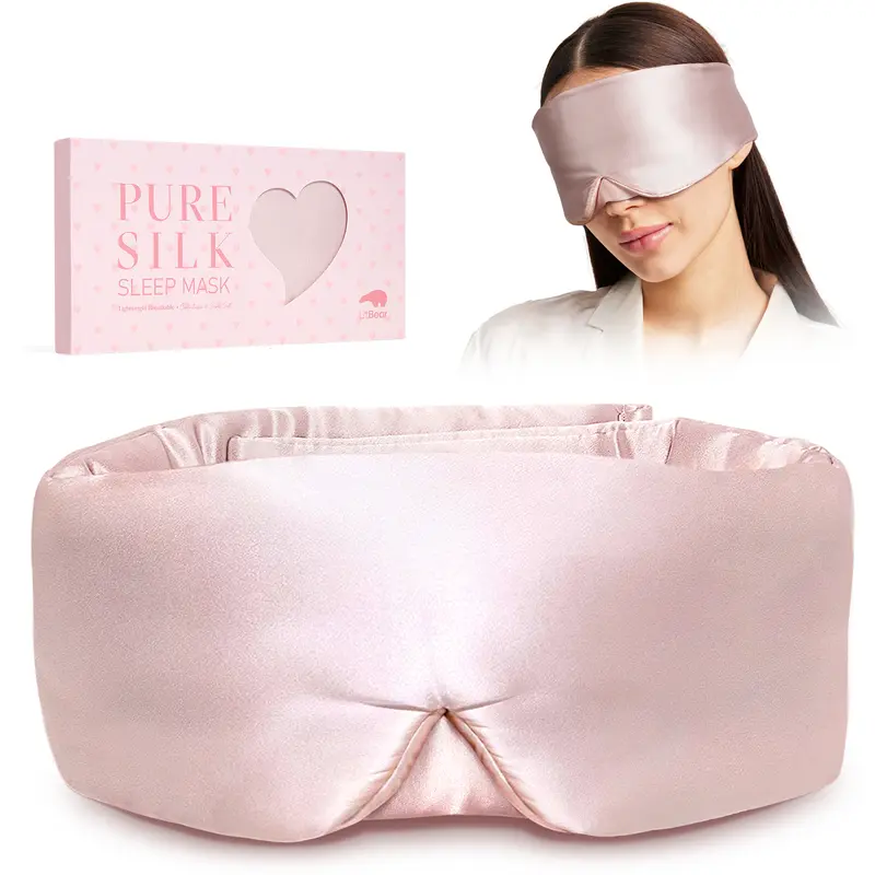 LitBear Solid Pink 100% 22 Momme Pure Mulberry Silk Sleeping Mask - Breathable, Blackout, Lightweight, Hand Washable, Ear & Nose Protection for Side Sleepers, Hotel-Grade, Ideal for Night Routine, Selfcare, Mother's Day Gift for Women
