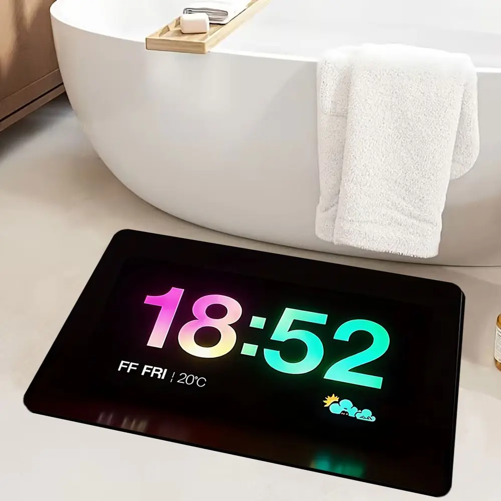 Digital Clock Pattern Flannel Door Mat - Washable Soft Furry Fluffy Modern House Decor Rug, Bathroom Decorative Water-Absorbent Waterproof Floor Mat for Entrance, Bathroom Decorative Mat
