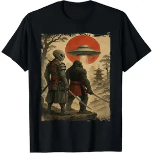 Cotton Graphic Tees Streetwear Gifts  Bigfoot Ninja Alien Vintage Japanese Samurai Ukiyo-e Bigfoot T-Shirt
