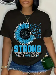 100% Cotton Mens Strong Prostate Cancer Awareness Blue Ribbon Graphic T-Shirt Round Neck Short Sleeve T-Shirt Women's Men Graphic Tee