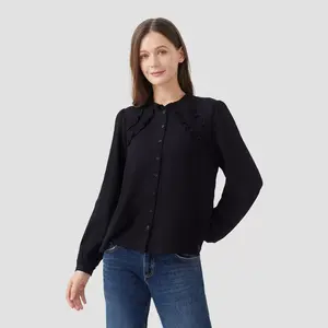 Women's Long Sleeve High Neck Button-Front Top - Universal Thread Black L