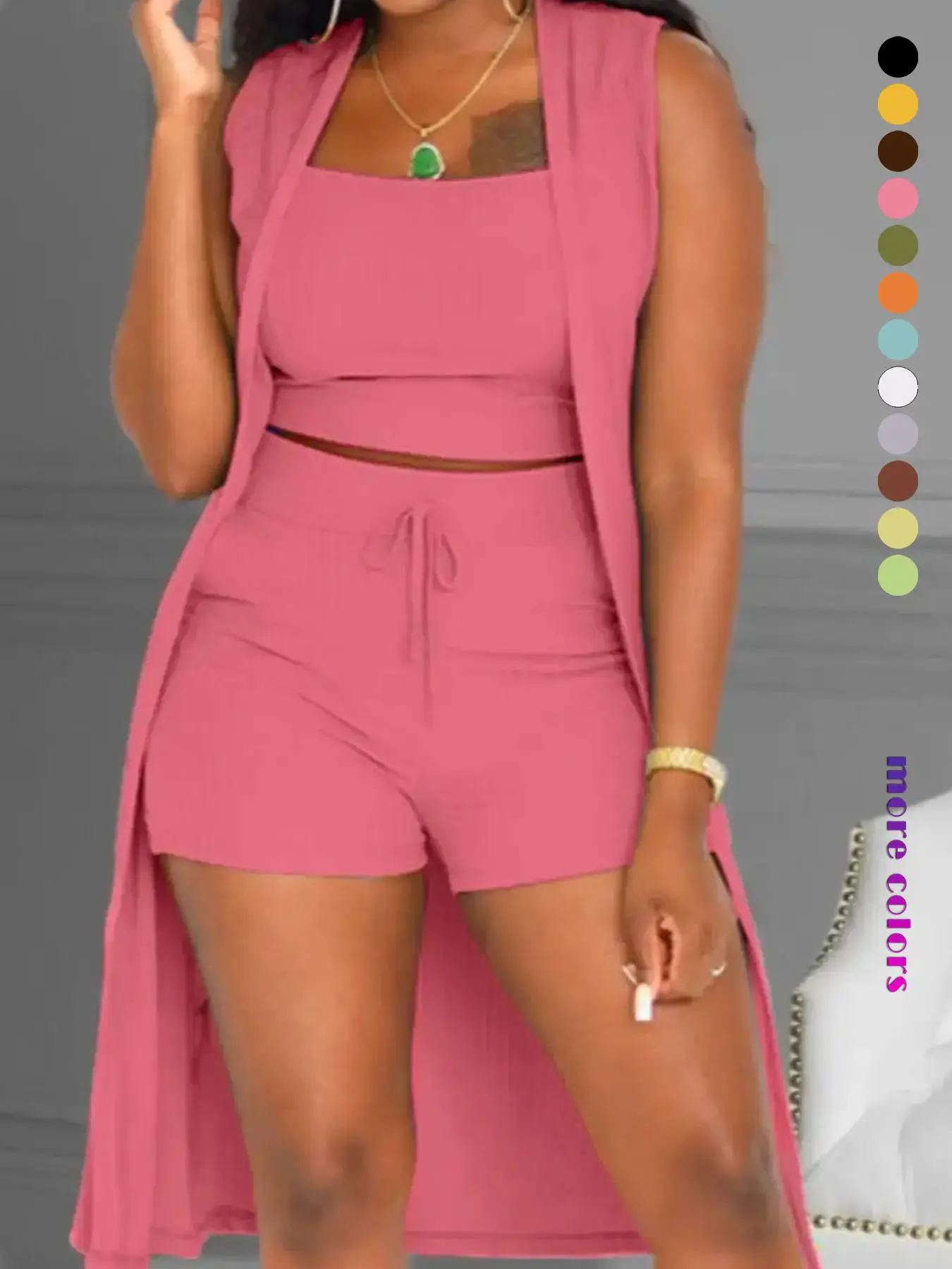 Three-Piece Set Women's Solid Ribbed Co-ord Set, Casual Crop Tank Top & Drawstring Waist Shorts & Vest Coat Set for Daily Wear, Summer Clothes, Women's Clothing