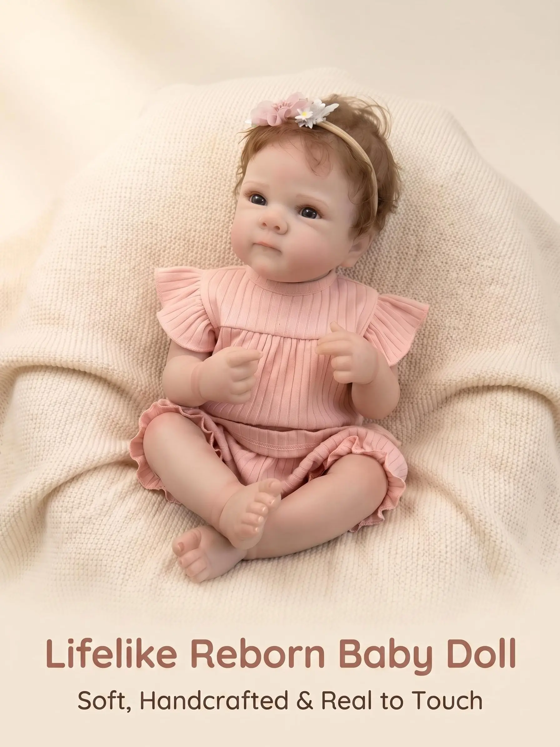 18 Inch Open Eyes Reborn Baby Doll, Pink Ruffle Ribbed Outfit Floral Headband Vinyl Reborn Doll, CPC Certified Realistic Girl Doll for Play Collection Gift
