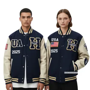 Navy Heritage Wool Leather Varsity Jacket with Embroidered Patches Varsity Numbers USA Flag Quilted Satin Lining for College Fashion