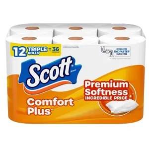 Scott ComfortPlus Toilet Paper, 12 Triple Rolls, 231 Sheets per Roll, Septic-Safe, 1-Ply Toilet Tissue
