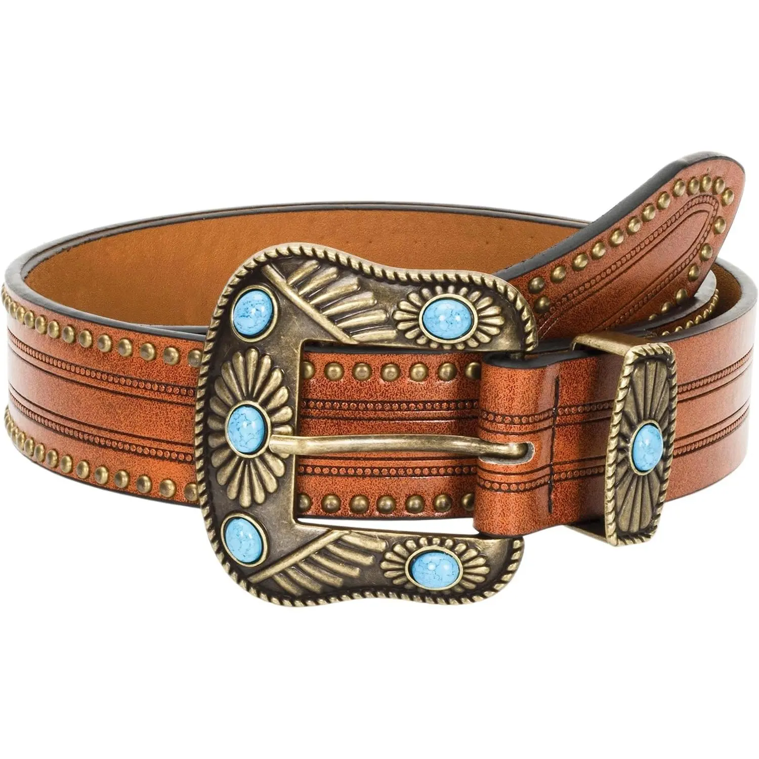 Vintage Cowgirl-Western-Leather-Belts for Women Adjustable Turquoise-Buckle-Belt West-Cowboy-Belt for Jeans 28"-35"