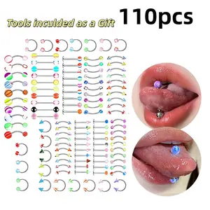 110-piece piercing jewelry set with colorful ball, bar and horseshoe styles, internally threaded structure, made of stainless steel, suitable for multi-part wearing, comes with a free tool kit.