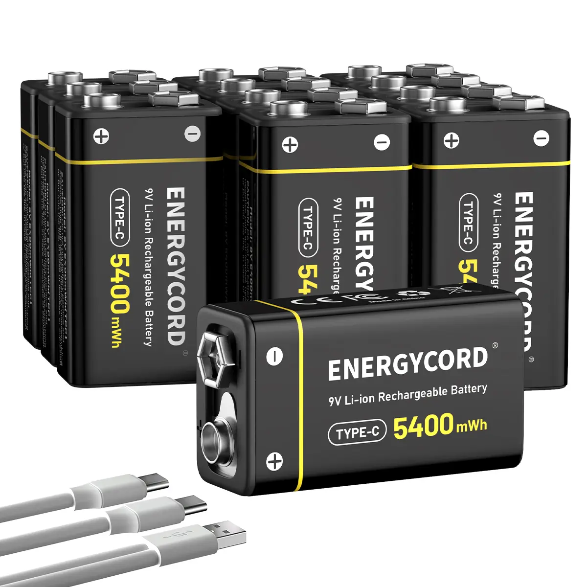ENERGYCORD 12-Pack Rechargeable 9V Lithium-Ion Batteries, 5400mWh Long-Lasting Power, USB-C Rechargeable with 2-in-1 Charging Cable for Smoke Alarms, Multimeters, Toys