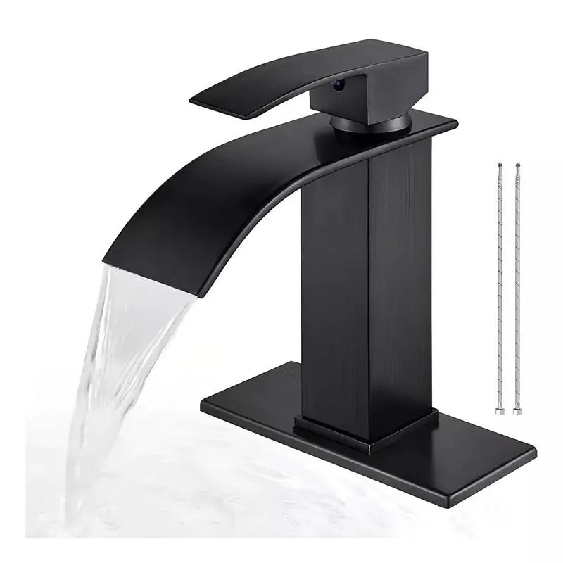 Bathroom Faucet Matte Black Modern Waterfall Bathroom Sink Faucet with Single Handle Suitable for 1 or 3 Holes,Supply Deck Plate and Hose