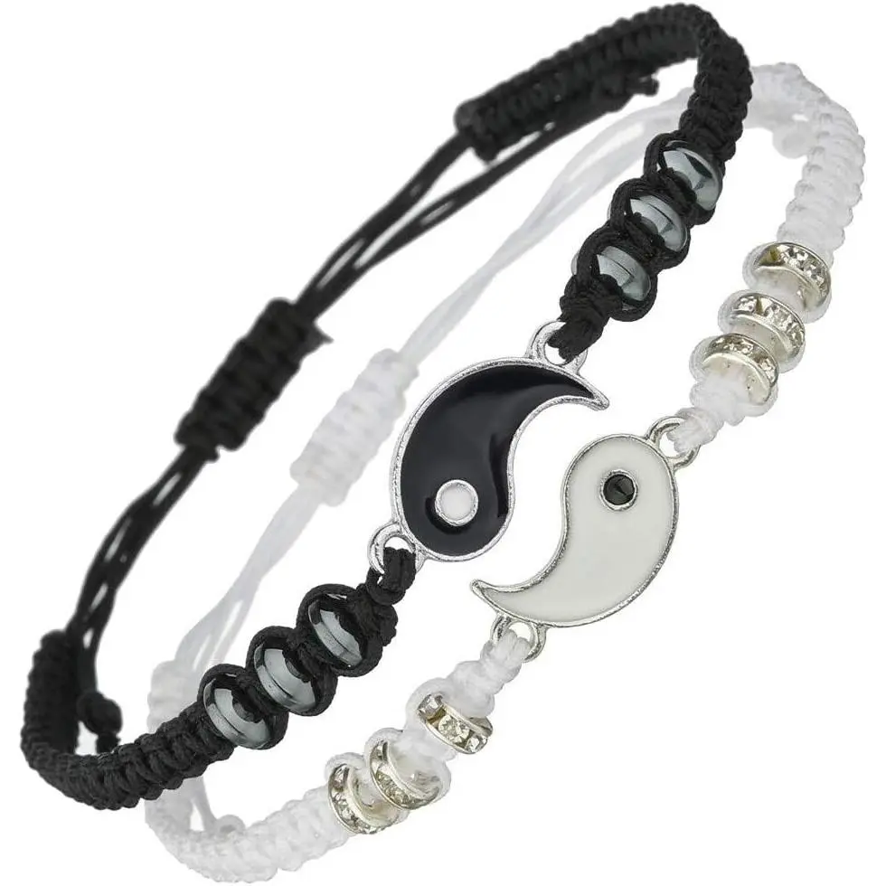 Yin-Yang Adjustable Cord Black Bracelets, Matching Friendship Set for 2 for Couples and Best Friends, Valentine's Day BFF Gift, Christmas, 7" To 12", Dimensions, Valentine Gifts, Size 7–12"