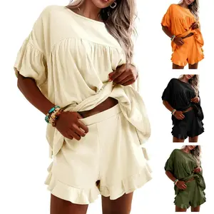 FMEYOA Womens 2 Piece Pajama Sets Vacation Outfits Ruffle Sleeve Babydoll Tops and Shorts Lounge Matching Set
