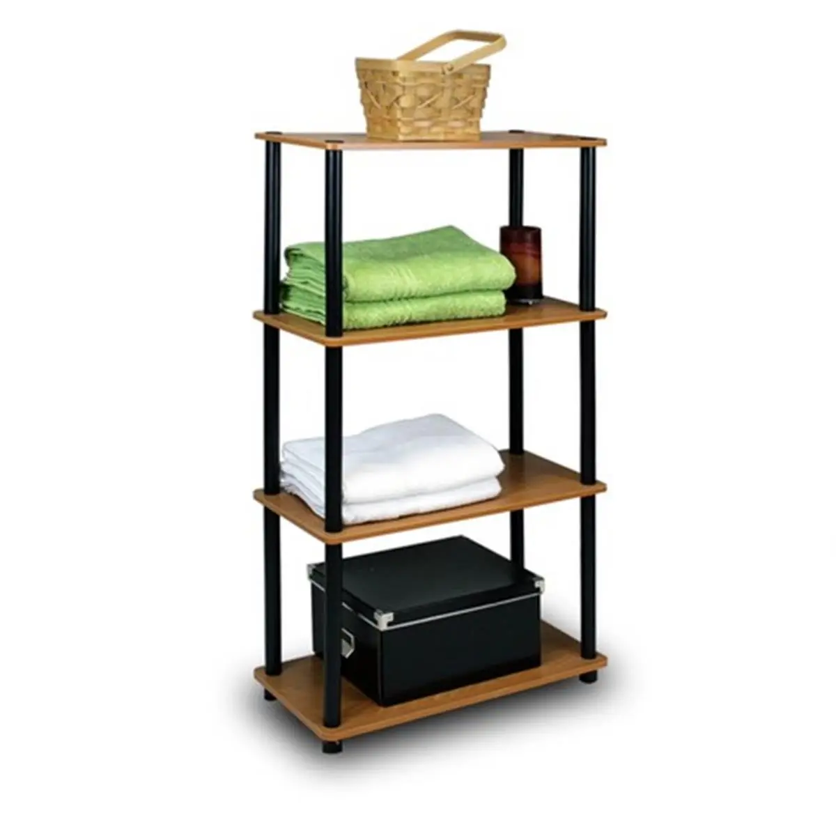 Furinno Turn-N-Tube 4-Tiered Multipurpose Shelf Display Rack, Light Cherry & Black - 43.25x23.6x11.6 in, Wood & Rubber Material, Commercial Office Furniture, Four Tiered