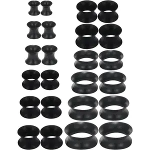 Thin Black Silicone Gauges Tunnels Stretching Kit 10g 8g 6g 4g 2g 0g 00g 12mm 14mm 16mm 18mm 20mm Rubber Soft Flexible Ear Tunnel Plug Earring Set Pack Retainer Gauging Women Men