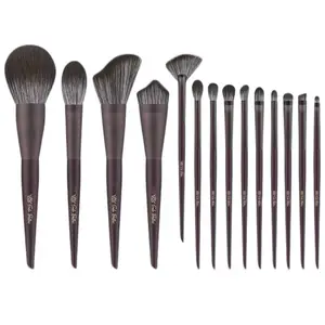 14 -Piece Coffee Wood Makeup Brushes Set with Synthetic Bristles for Professional & Home Use High-Quality Brushes for Foundation Concealer Eyeshadow