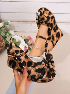 Women's Leopard Print Bow Heeled Sandals, Summer Waterproof Platform Shoes, Retro Thick Sole Wedges, Fashionable High Heels
